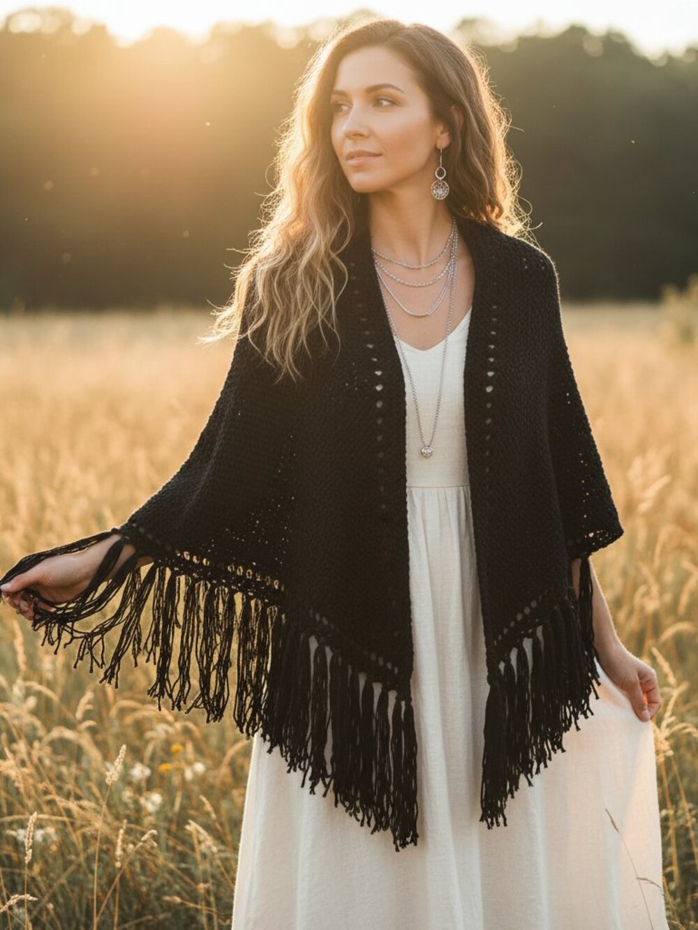 NEW Black Hand Knitted Shawl Wrap Boho Hippie Fringe Artsy Indie Mod Whimsigoth